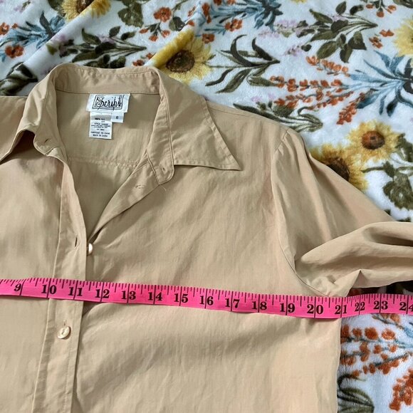 Vintage Script Silk Shirt Womens 8 Yellow Long Sleeve Button Up Neutral Minimal - Picture 2 of 6